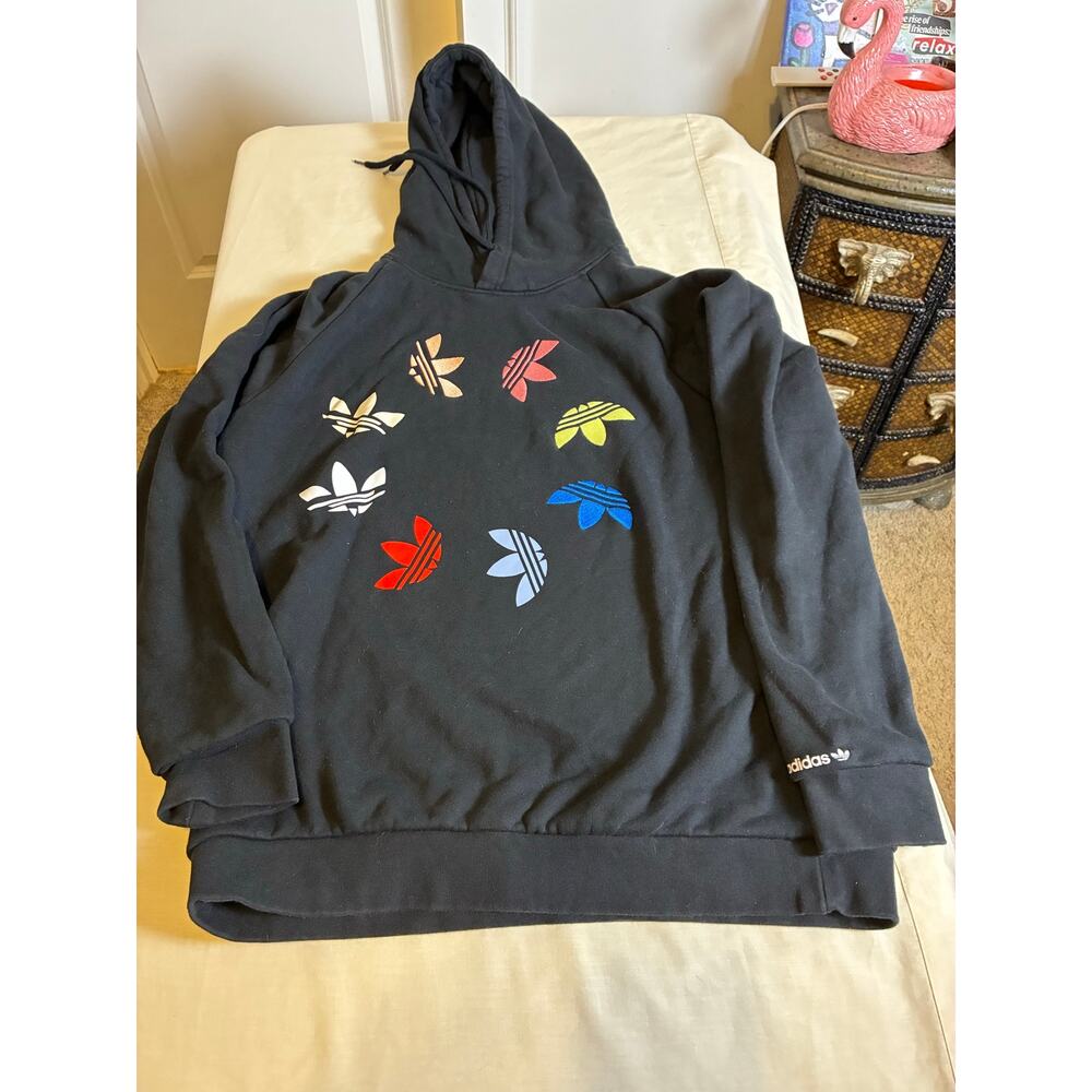 Adidas Originals Hoodie Mens L Black Trefoil Multicolor Logo Graphic Pullover